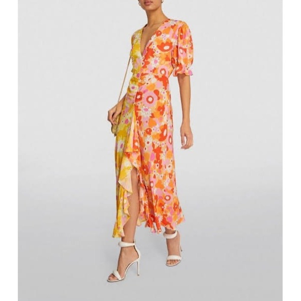 RIXO Ariel Floral Midi Dress Pink Orange Yellow Size S Mod Retro Flower Power - Picture 3 of 12
